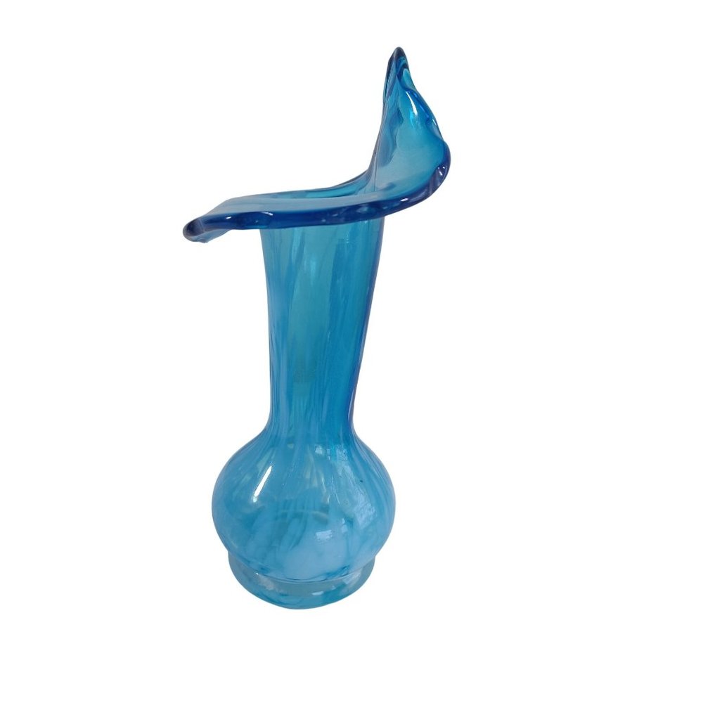 Small Clear Blue Hand Blown Swung Glass Lily Top Vase 7.75" Studio Art Vintage